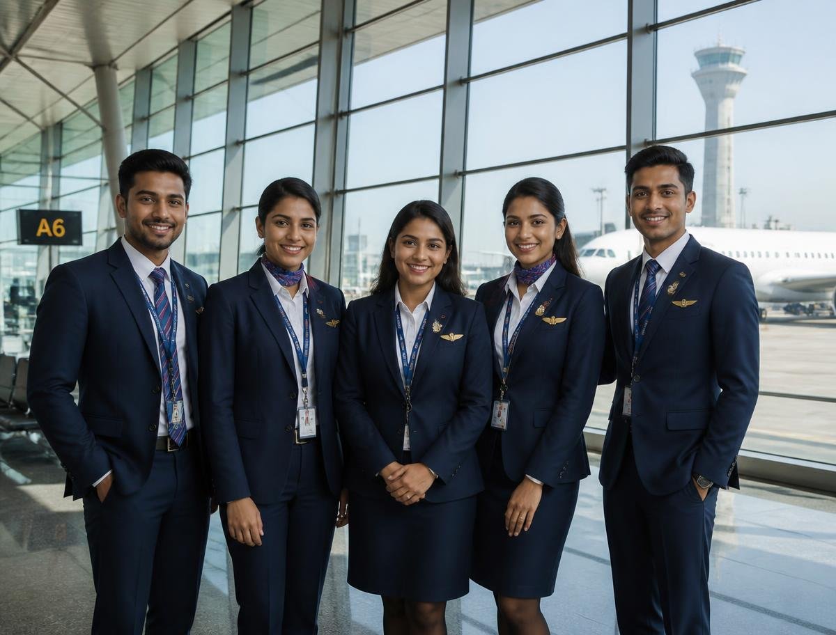 Aviation professionals working together inside an airport terminal