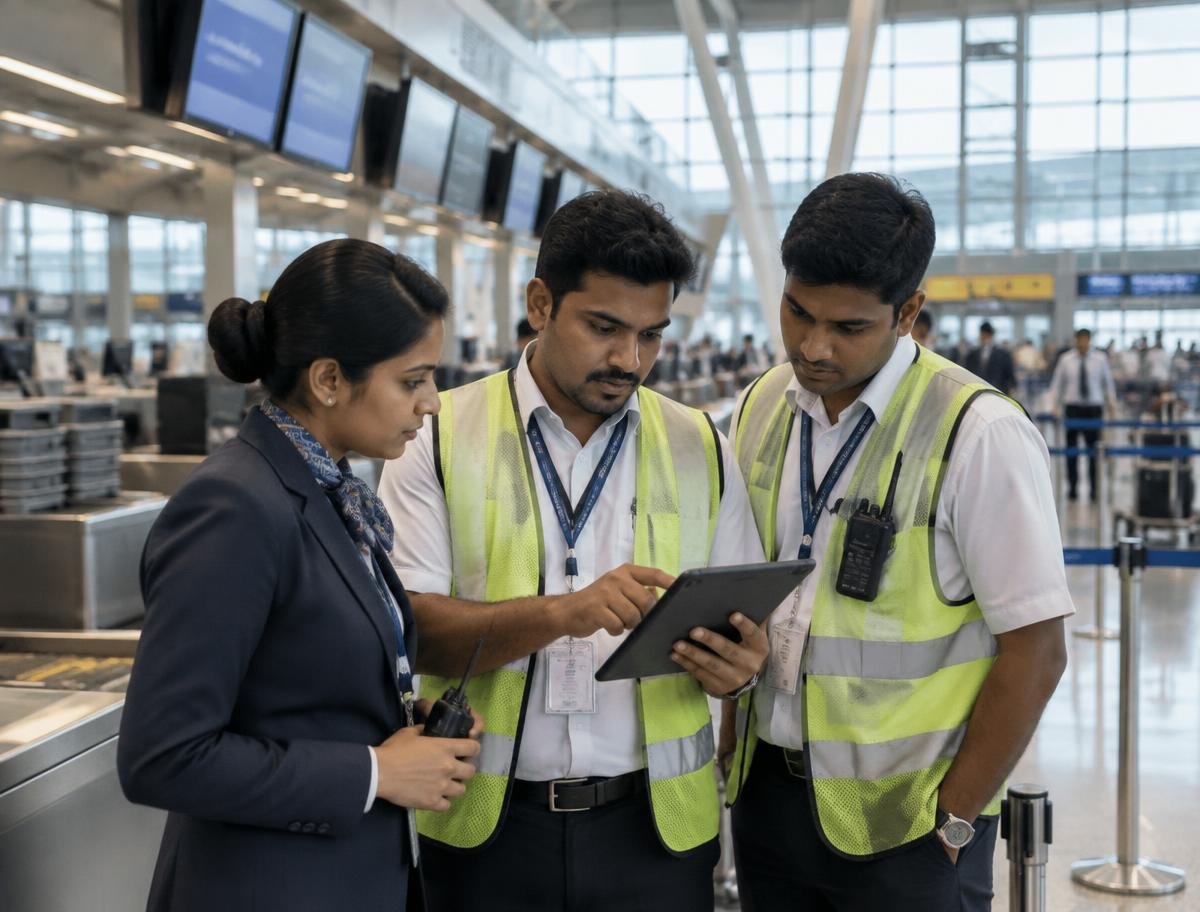 Airport operations professionals working together